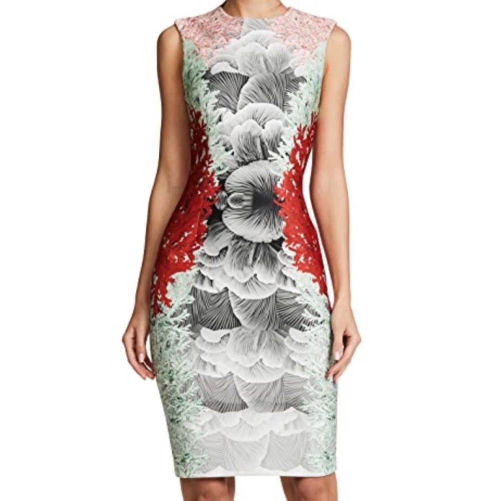 Yigal Azrouel Red, White, Black & Mint Floral-Print Midi Dress